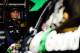 JOLIET, IL - SEPTEMBER 14: Denny Hamlin, driver of the #11 FedEx Ground Toyota, looks on in the garage during practice for the NASCAR Sprint Cup Series GEICO 400 at Chicagoland Speedway on September 14, 2012 in Joliet, Illinois. (Photo by Jared C. Tilton/Getty Images)