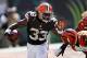 Sep 16, 2012; Cincinnati, OH, USA; Cleveland Browns running back Trent Richardson (33) stiff arms the Cincinnati Bengals cornerback Nate Clements (22) during the second half at Paul Brown Stadium. The Bengals defeated the Browns 34-27. Mandatory Credit: Frank Victores-US PRESSWIRE