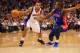 Mar. 16, 2012; Phoenix, AZ, USA; Phoenix Suns guard Shannon Brown (left) drives to the basket against Detroit Pistons guard Rodney Stuckey at the US Airways Center. The Suns defeated the Pistons 109-101. Mandatory Credit: Mark J. Rebilas-US PRESSWIRE
