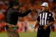 DENVER, CO - SEPTEMBER 09: Head coach Mike Tomlin of the Pittsburgh Steelers protests a call with umpire Gerald Wright on a pass reception by wide receiver Eric Decker #87 of the Denver Broncos in the fourth quarter at Sports Authority Field at Mile High on September 9, 2012 in Denver, Colorado. The Broncos defeated the Steelers 31-19. (Photo by Doug Pensinger/Getty Images)