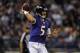 BALTIMORE, MD - SEPTEMBER 23: Joe Flacco #5 of the Baltimore Ravens throws a pass in the first quarter against the New England Patriots at M&T Bank Stadium on September 23, 2012 in Baltimore, Maryland. (Photo by Patrick Smith/Getty Images)