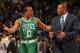 DENVER, CO - FEBRUARY 24: Avery Bradley #0 and head coach Doc Rivers of the Boston Celtics talk as they leave the court after facing the Denver Nuggets during NBA action at the Pepsi Center on February 24, 2011 in Denver, Colorado. The Nuggets defeated the Celtics 89-75. NOTE TO USER: User expressly acknowledges and agrees that, by downloading and or using this photograph, User is consenting to the terms and conditions of the Getty Images License Agreement. (Photo by Doug Pensinger/Getty Images)