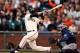 SAN FRANCISCO, CA - SEPTEMBER 22: Buster Posey #28 of the San Francisco Giants hits a sacrifice fly that scored Angel Pagan #16 of the San Francisco Giants in the first inning of their game against the San Diego Padres at AT&T Park on September 22, 2012 in San Francisco, California. (Photo by Ezra Shaw/Getty Images)