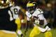 SOUTH BEND, IN - SEPTEMBER 22: Quarterback Denard Robinson #16 of the Michigan Wolverines runs for a first down in the third quarter against the Notre Dame Fighting Irish at Notre Dame Stadium on September 22, 2012 in South Bend, Indiana. (Photo by Jonathan Daniel/Getty Images)
