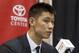 HOUSTON, TX - JULY 19: Jeremy Lin of the Houston Rockets speaks to the media as he is introduced during a press conference at Toyota Center on July 19, 2012 in Houston, Texas. Lin has signed a three year $25 million dollar contract with the Houston Rockets. (Photo by Bob Levey/Getty Images)