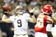 NEW ORLEANS, LA - SEPTEMBER 23: Drew Brees #9 of the New Orleans Saints looks to complete a pass against Justin Houston #50 of the Kansas City Chiefs during a game at the Mercedes-Benz Superdome on September 23, 2012 in New Orleans, Louisiana. (Photo by Stacy Revere/Getty Images)