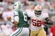 EAST RUTHERFORD, NJ - SEPTEMBER 30: Patrick Willis #52 of the San Francisco 49ers pressures Mark Sanchez #6 of the New York Jets on September 30, 2012 at MetLife Stadium in East Rutherford, New Jersey.The San Francisco 49ers defeated the New York Jets 34-0. (Photo by Elsa/Getty Images)