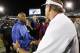LEXINGTON, KY - SEPTEMBER 29: Steve Spurrier, head coach of the South Carolina Gamecocks shakes hands with Joker Phillips, head coach of the Kentucky Wildcats after their game at Commonwealth Stadium on September 29, 2012 in Lexington, Kentucky. (Photo by John Sommers II/Getty Images)