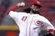 CINCINNATI, OH - SEPTEMBER 25: Johnny Cueto #47 of the Cincinnati Reds pitches against the Milwaukee Brewers during the game at Great American Ball Park on September 25, 2012 in Cincinnati, Ohio. (Photo by Joe Robbins/Getty Images)
