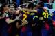 SEVILLE, SPAIN - SEPTEMBER 29: Players of FC Barcelona celebrate with David Villa and teammates Leo Messi and Cristian Tello scoring their third goal during the La Liga match between Sevilla FC and FC Barcelona at Estadio Ramon Sanchez Pizjuan on September 29, 2012 in Seville, Spain. (Photo by Gonzalo Arroyo Moreno/Getty Images)