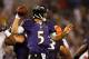BALTIMORE, MD - SEPTEMBER 27: Quarterback Joe Flacco #5 of the Baltimore Ravens looks to throw the ball against the Cleveland Browns during the NFL Game at M&T Bank Stadium on September 27, 2012 in Baltimore, Maryland. (Photo by Rob Carr/Getty Images)