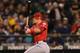 SEATTLE, WA - OCTOBER 01: Mike Trout #27 of the Los Angeles Angels of Anaheim doubles in the first inning against the Seattle Mariners at Safeco Field on October 1, 2012 in Seattle, Washington. (Photo by Otto Greule Jr/Getty Images)