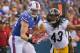 ORCHARD PARK, NY - AUGUST 25: Troy Polamalu #43 of the Pittsburgh Steelers reaches in to break up a pass intended for Scott Chandler #84 of the Buffalo Bills at Ralph Wilson Stadium on August 25, 2012 in Orchard Park, New York. (Photo by Rick Stewart/Getty Images)