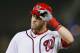 WASHINGTON, DC - OCTOBER 02: Bryce Harper #34 of the Washington Nationals walks to the dugout after grounding out in the first inning against the Philadelphia Phillies at Nationals Park on October 2, 2012 in Washington, DC. (Photo by Rob Carr/Getty Images)