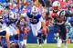 Sep 30, 2012; Orchard Park, NY, USA; New England Patriots running back Brandon Bolden (38) is chased by Buffalo Bills outside linebacker Nick Barnett (50) in a run during the second half at Ralph Wilson Stadium. Patriots beat the Bills 52-28. Mandatory Credit: Kevin Hoffman-US PRESSWIRE