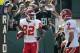 Oct 23, 2011; Oakland, CA, USA; Kansas City Chiefs wide receiver Dwayne Bowe (82) celebrates with quarterback Matt Cassel (7) after a touchdown which was later overturned during the first quarter against the Oakland Raiders at O.co Coliseum. Mandatory Credit: Kelley L Cox-US PRESSWIRE