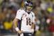 Oct 7, 2012; Foxboro, Massachusetts, USA; Denver Broncos quarterback Peyton Manning (18) reacts to turning the ball over during the fourth quarter against the New England Patriots at Gillette Stadium. The New England Patriots won 31-21. Mandatory Credit: Greg M. Cooper-US PRESSWIRE