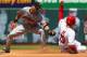 ST. LOUIS, MO - AUGUST 9: Jon Jay #19 of the St. Louis Cardinals steals second base against Marco Scutaro #19 of the San Francisco Giants at Busch Stadium on August 9, 2012 in St. Louis, Missouri. (Photo by Dilip Vishwanat/Getty Images)