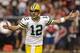 HOUSTON, TX - OCTOBER 14: Aaron Rodgers #12 of the Green Bay Packers reacts after a play in the third quarter against the Houston Texans at Reliant Stadium on October 14, 2012 in Houston, Texas. (Photo by Scott Halleran/Getty Images)