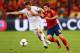 DONETSK, UKRAINE - JUNE 23: Yohan Cabaye of France and Jordi Alba of Spain challenge for the ball during the UEFA EURO 2012 quarter final match between Spain and France at Donbass Arena on June 23, 2012 in Donetsk, Ukraine. (Photo by Alex Livesey/Getty Images)