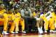 FRESNO, CA - OCTOBER 07: Dwight Howard #12 C) of the Los Angeles Lakers jokes with teammates on the bench in the game with the Golden State Warriors at Save Mart Center At Fresno State on October 7, 2012 in Fresno, California. NOTE TO USER: User expressly acknowledges and agrees that, by downloading and or using this photograph, User is consenting to the terms and conditions of the Getty Images License Agreement. (Photo by Stephen Dunn/Getty Images)