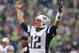 SEATTLE, WA - OCTOBER 14: Quarterback Tom Brady #12 of the New England Patriots celebrates after throwing a touchdown pass in the first half against the Seattle Seahawks at CenturyLink Field on againstOctober 14, 2012 in Seattle, Washington. (Photo by Otto Greule Jr/Getty Images)