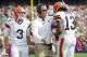 CLEVELAND, OH - OCTOBER 14: Starting quarterback Brandon Weeden #3, Head coach Pat Shurmur and wide receiver Josh Gordon #13 of the Cleveland Browns celebrate during the first quarter after Gordon scored a touchdown against the Cincinnati Bengals at Cleveland Browns Stadium on October 14, 2012 in Cleveland, Ohio. (Photo by Jason Miller/Getty Images)