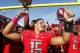 PISCATAWAY, NJ - OCTOBER 13: Quarterback Gary Nova #15 of the Rutgers Scarlet Knights celebrates their 23-15 win over the Syracuse Orange at High Point Solutions Stadium on October 13, 2012 in Piscataway, New Jersey. (Photo by Rich Schultz/Getty Images)