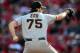 Oct 10, 2012; Cincinnati, OH, USA; San Francisco Giants starting pitcher Barry Zito (75) pitches in the first inning against the Cincinnati Reds in game four of the 2012 NLDS at Great American Ball Park. Mandatory Credit: Andrew Weber-US PRESSWIRE