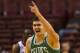 Oct 15, 2012; Philadelphia, PA, USA; Boston Celtics center Darko Milicic (99) celebrates scoring during the first quarter against the Philadelphia 76ers at the Wachovia Center. Mandatory Credit: Howard Smith-US PRESSWIRE