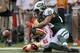 EAST RUTHERFORD, NJ - SEPTEMBER 30: Delanie Walker #46 of the San Francisco 49ers loses the ball is Kyle Wilson #20 of the New York Jets defends on September 30, 2012 at MetLife Stadium in East Rutherford, New Jersey.The San Francisco 49ers defeated the New York Jets 34-0. (Photo by Elsa/Getty Images)