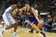 October 15, 2012; Denver, CO, USA; Golden State Warriors guard Klay Thompson (11) drives to the basket during the second half against the Denver Nuggets at the Pepsi Center. The Nuggets won 104-98. Mandatory Credit: Chris Humphreys-US PRESSWIRE