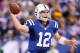 INDIANAPOLIS, IN - OCTOBER 07: Andrew Luck #12 of the Indianapolis Colts throws a pass during the NFL game against the Green Bay Packers at Lucas Oil Stadium on October 7, 2012 in Indianapolis, Indiana. (Photo by Andy Lyons/Getty Images)