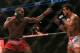 September 22, 2012; Toronto, ON, CANADA; Jon Jones (left) jabs at Vitor Belfort in the light heavyweight championship during UFC 152 at the Air Canada Centre. Mandatory Credit: Tom Szczerbowski-US PRESSWIRE