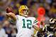 ST. LOUIS, MO - SEPTEMBER 27: Aaron Rodgers #12 of the Green Bay Packers passes during the game against the St. Louis Rams at the Edward Jones Dome on September 27, 2009 in St. Louis, Missouri. (Photo by Dilip Vishwanat/Getty Images)