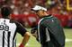ATLANTA, GA - OCTOBER 14: Head coach Dennis Allen of the Oakland Raiders converses with an official against the Atlanta Falcons at Georgia Dome on October 14, 2012 in Atlanta, Georgia. (Photo by Kevin C. Cox/Getty Images)