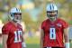 July 29, 2012; Nashville, TN, USA; Tennessee Titans quarterbacks Jake Locker (10) and Matt Hasselbeck (8) talk during training camp workout at the Titans training facility at Baptist Sports Park. Mandatory Credit: Jim Brown-US PRESSWIRE