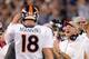 SAN DIEGO, CA - OCTOBER 15: Head coach John Fox of the Denver Broncos reacts to a touchdown in front of Peyton Manning #18 to trail the San Diego Chargers 24-21 during the fourth quarter at Qualcomm Stadium on October 15, 2012 in San Diego, California. The Broncos won 35-24. (Photo by Harry How/Getty Images)