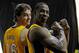 Oct.1, 2012, 2012; El Segundo, CA, USA; Los Angeles Lakers center Dwight Howard (12) and power forward Pau Gasol (16) during media day at the Los Angeles Lakers Training Center. Mandatory Credit: Jayne Kamin-Oncea-US PRESSWIRE