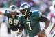 Oct 14, 2012; Philadelphia, PA, USA; Philadelphia Eagles quarterback Michael Vick (7) scrambles during the third quarter against the Detroit Lions at Lincoln Financial Field. The Lions defeated the Eagles 26-23 in overtime. Mandatory Credit: Howard Smith-US PRESSWIRE