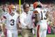 CLEVELAND, OH - OCTOBER 14: Starting quarterback Brandon Weeden #3, Head coach Pat Shurmur and wide receiver Josh Gordon #13 of the Cleveland Browns celebrate during the first quarter after Gordon scored a touchdown against the Cincinnati Bengals at Cleveland Browns Stadium on October 14, 2012 in Cleveland, Ohio. (Photo by Jason Miller/Getty Images)
