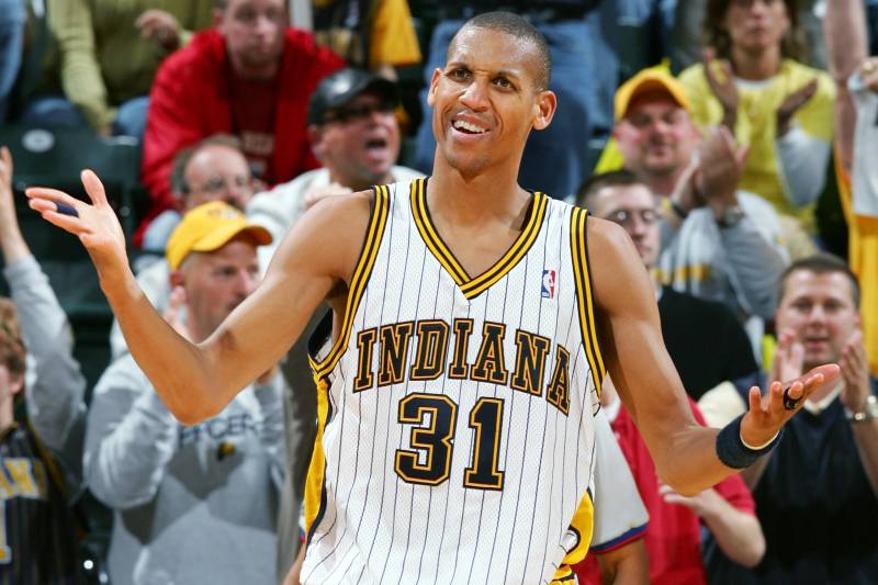 INDIANAPOLIS - APRIL 30: Reggie Miller #31 of the Indiana Pacers reacts to a foul called in Game four of the Western Conference Quarterfinals during the 2005 NBA Playoffs at Conseco Field House on April 30, 2005 in Indianapolis, Indiana. The Celtics defeated the Pacers 110-79. NOTE TO USER: User expressly acknowledges and agrees that, by downloading and or using this photograph, User is consenting to the terms and conditions of the Getty Images License Agreement. (Photo by Elsa/Getty Images)