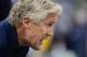 Oct 7, 2012; Charlotte, NC, USA; Seattle Seahawks head coach Pete Carroll reacts during the first half at Bank of America Stadium. Mandatory Credit: Bob Donnan-US PRESSWIRE