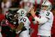 ATLANTA, GA - OCTOBER 14: Mike Peterson #53 of the Atlanta Falcons pressures Carson Palmer #3 of the Oakland Raiders through Darren McFadden #20 at Georgia Dome on October 14, 2012 in Atlanta, Georgia. (Photo by Kevin C. Cox/Getty Images)