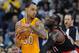 Oct. 10, 2012; Ontario, CA, USA; Portland Trail Blazers forward J.J. Hickson (21) guards Los Angeles Lakers center Robert Sacre (50) in the first half of the game at the Citizens Business Bank Arena. Mandatory Credit: Jayne Kamin-Oncea-US PRESSWIRE