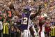 Oct 21, 2012; Minneapolis, MN, USA; Minnesota Vikings wide receiver Percy Harvin (12) celebrates his touchdown during the second quarter against the Arizona Cardinals at the Metrodome. Mandatory Credit: Brace Hemmelgarn-US PRESSWIRE