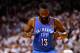 MIAMI, FL - JUNE 17: James Harden #13 of the Oklahoma City Thunder stands on court with his head down in the second half against the Miami Heat in Game Three of the 2012 NBA Finals on June 17, 2012 at American Airlines Arena in Miami, Florida. NOTE TO USER: User expressly acknowledges and agrees that, by downloading and or using this photograph, User is consenting to the terms and conditions of the Getty Images License Agreement. (Photo by Mike Ehrmann/Getty Images)