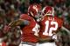 TUSCALOOSA, AL - OCTOBER 27: Eddie Lacy #42 of the Alabama Crimson Tide celebrates after scoring a touchdown off a reception from Phillip Ely #12 against the Mississippi State Bulldogs at Bryant-Denny Stadium on October 27, 2012 in Tuscaloosa, Alabama. (Photo by Kevin C. Cox/Getty Images)