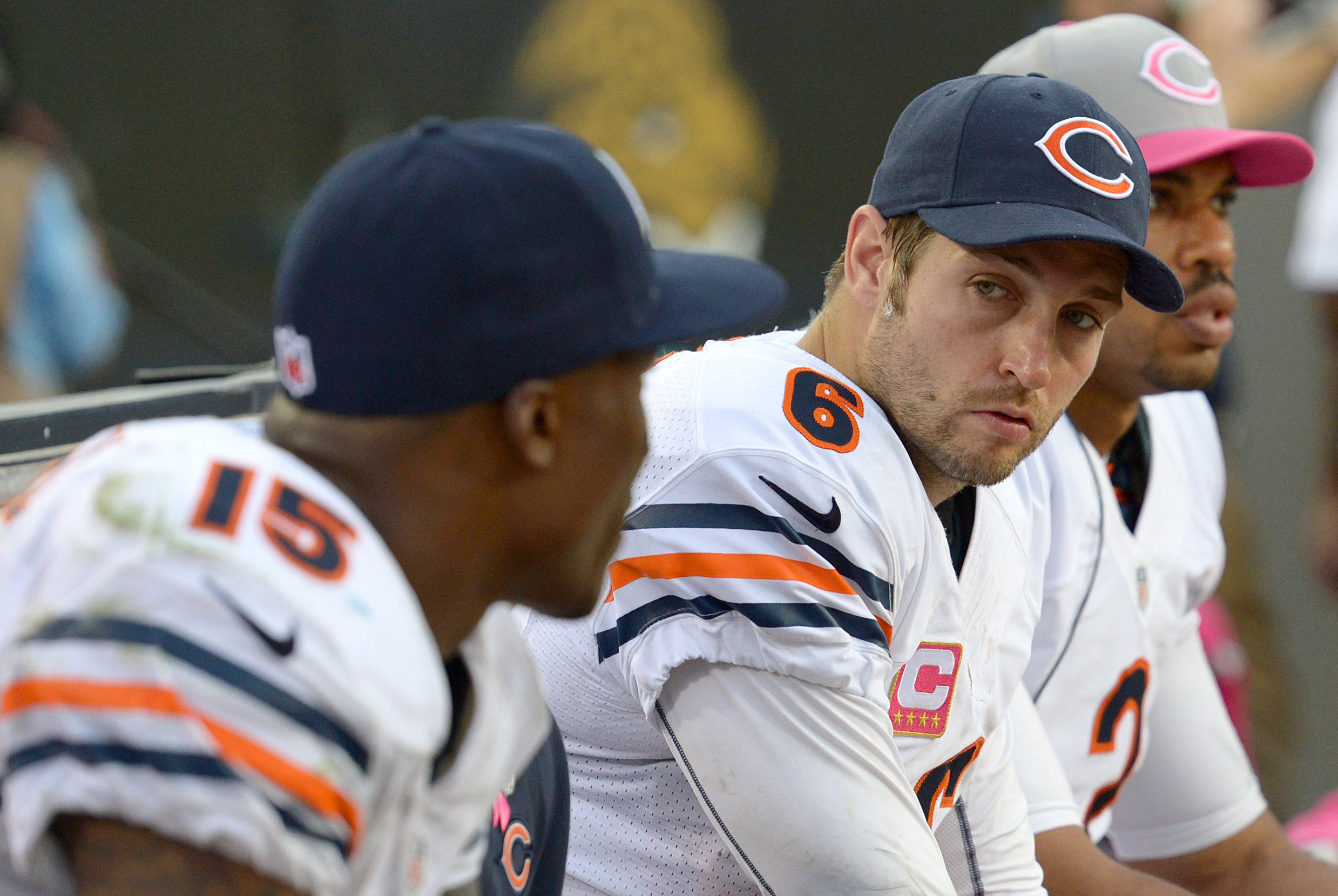 Chicago Bears quarterback Jay Cutler (6) during the Bears training camp  practice at Olivet Nazarene University in Bourbonnais, IL. (Credit Image: ©  John Rowland/Southcreek Global/ZUMApress.com Stock Photo - Alamy