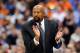 Oct 22, 2012; Syracuse, NY, USA; New York Knicks head coach Mike Woodson cheers for his team during the third quarter against the Philadelphia 76ers at the Carrier Dome. Mandatory Credit: Rich Barnes-US PRESSWIRE